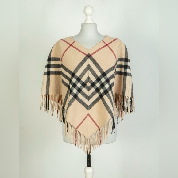 Burberry Accessories - Burberry London Lamba Wool Nova Check Scarf Poncho Plaid Tan Black Red Fringe